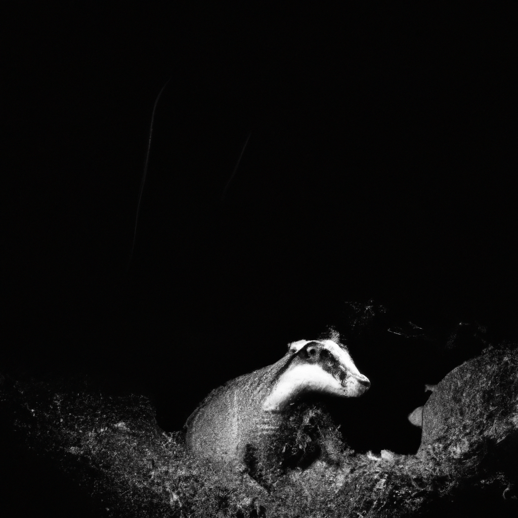 2 - [Image: A black and white photograph of a badger emerging from its burrow, illuminated by the glow of the moon. Captured using a motion-sensor camera trap.]. Sigma 85 mm f/1.4. No text.. Sigma 85 mm f/1.4. No text.