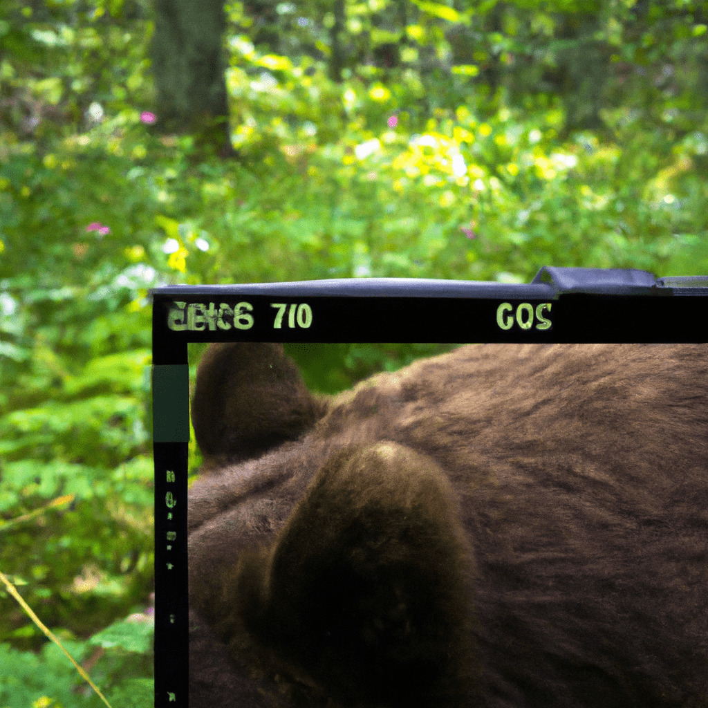 A photo of a hidden camera capturing a close-up image of a bear in the wild, showcasing the non-invasive nature of wildlife monitoring.
