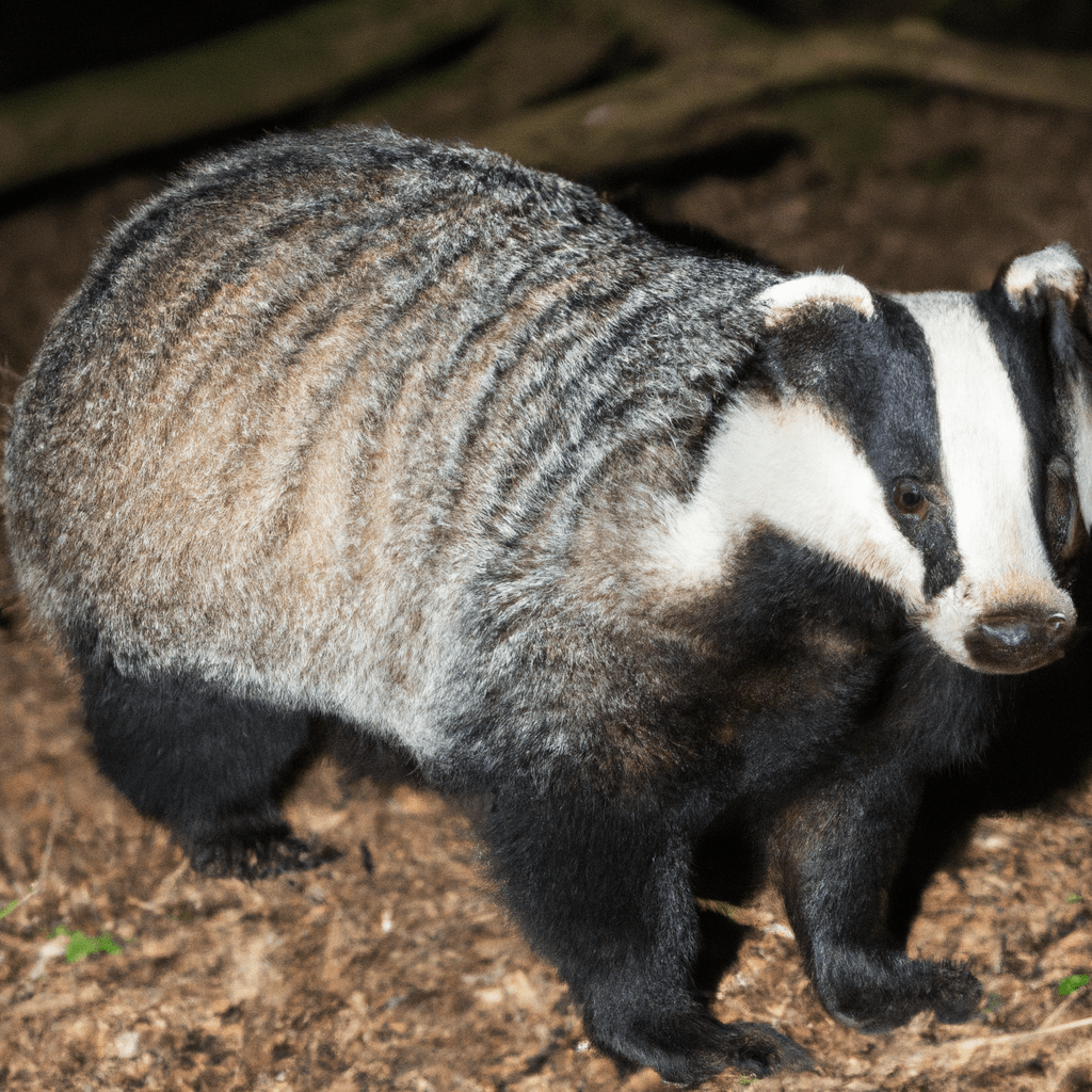 [Image: A close-up photograph of a badger in its natural habitat, taken with a high-quality camera trap.]. Sigma 85 mm f/1.4. No text.