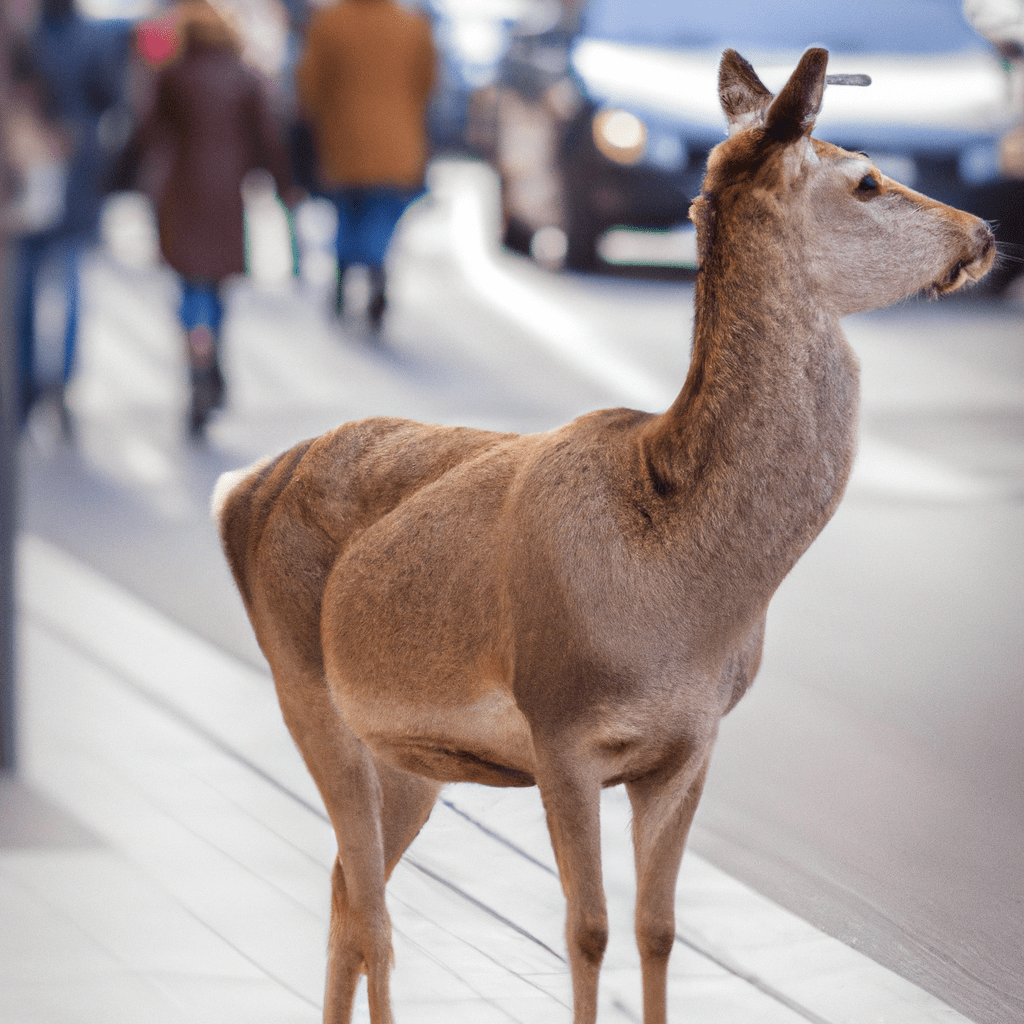 [Photo: Majestic deer wandering through a bustling city street]. Sigma 85 mm f/1.4. No text.