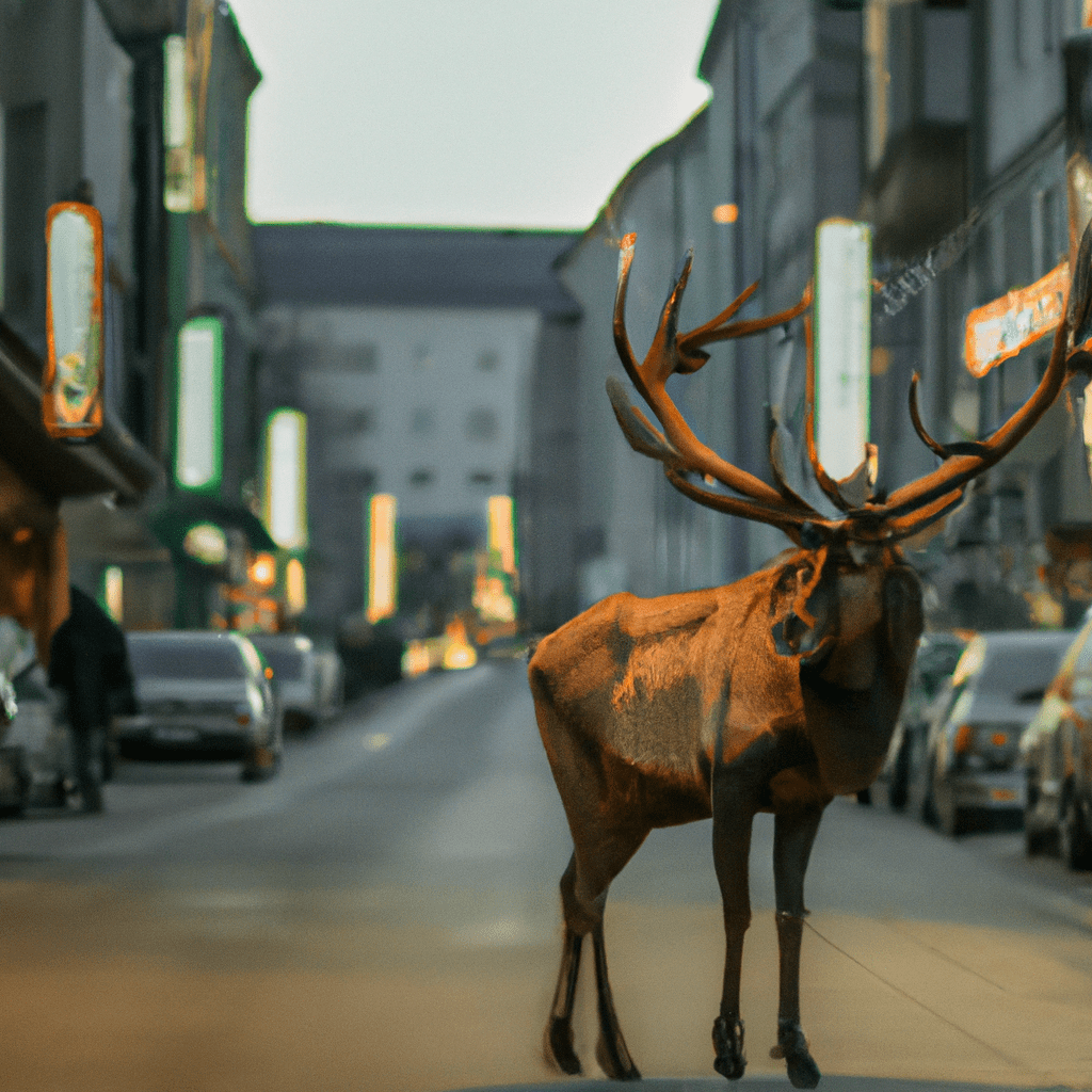 2 - [Photo: An incredible capture of a rare scene, as a majestic elk strolls along a crowded city street]. Nikon 50 mm f/1.8. No text.. Sigma 85 mm f/1.4. No text.