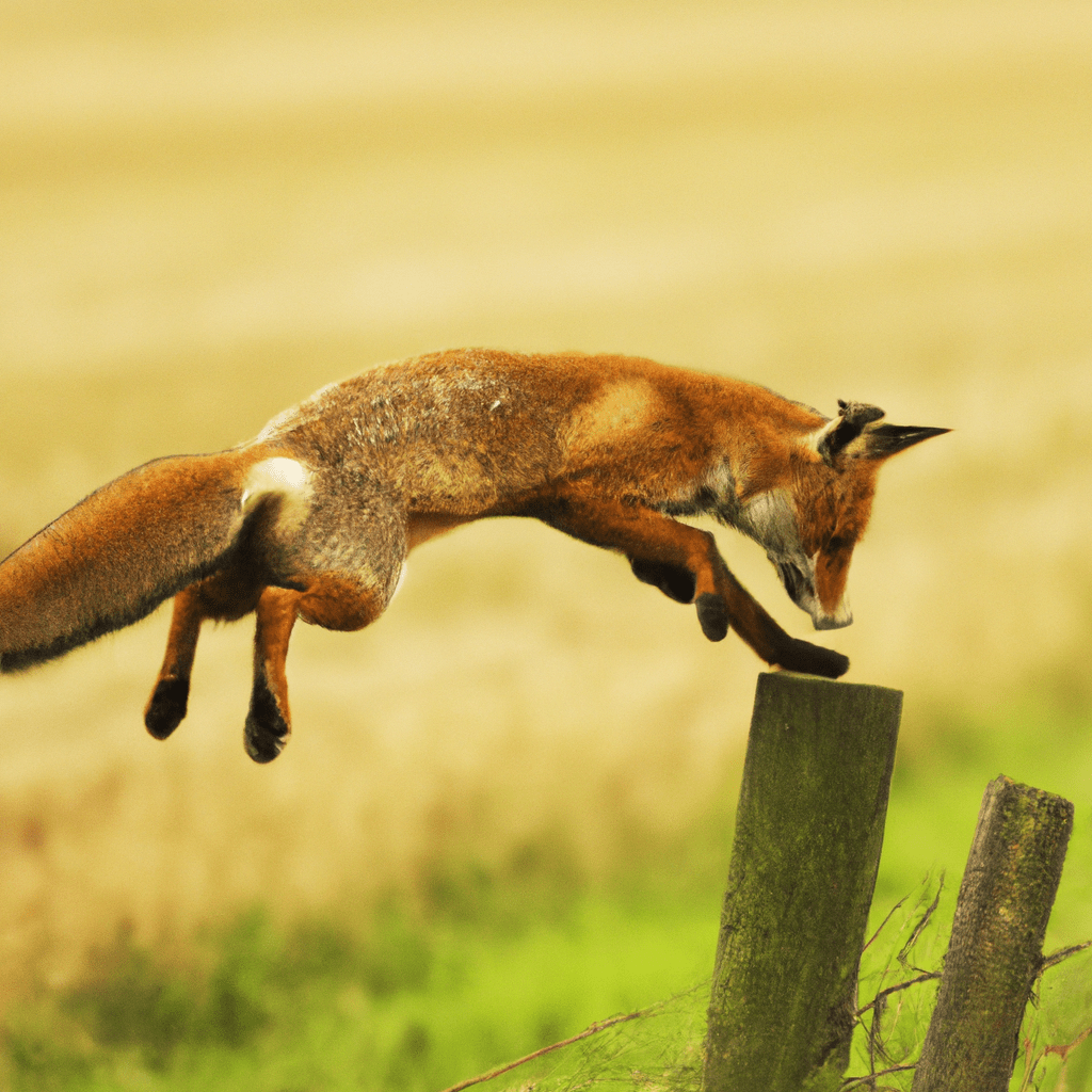2 - A picture of a fox jumping over a fence in a field. Canon 300 mm f/4. No text.. Sigma 85 mm f/1.4. No text.