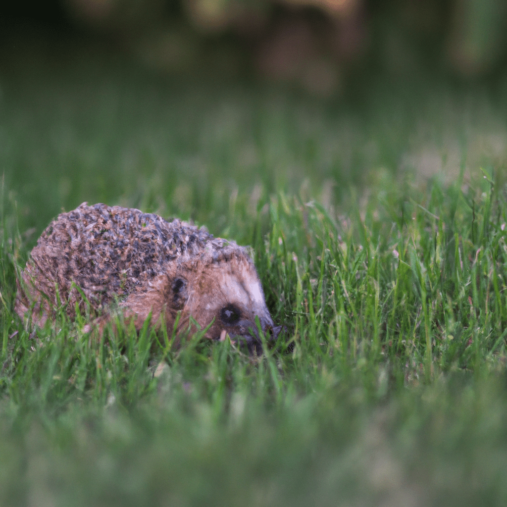 [Image: A hedgehog searching for insects in a garden.]. Sigma 85 mm f/1.4. No text.