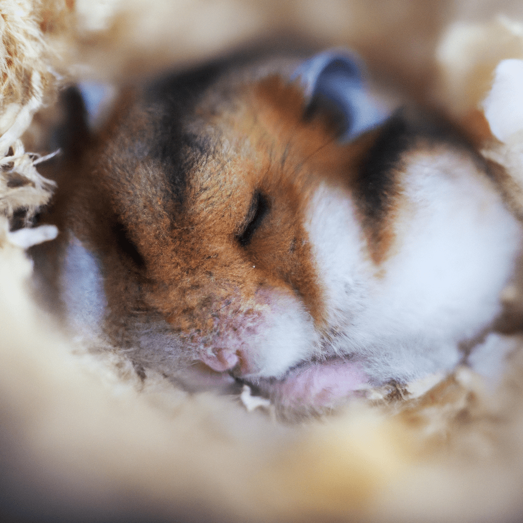 A close-up photo showcasing a hibernating hamster curled up in its cozy winter nest, demonstrating its remarkable ability to enter a deep sleep state and lower its metabolism for survival. Shot with Sigma 85mm f/1.4 lens. No text.. Sigma 85 mm f/1.4. No text.