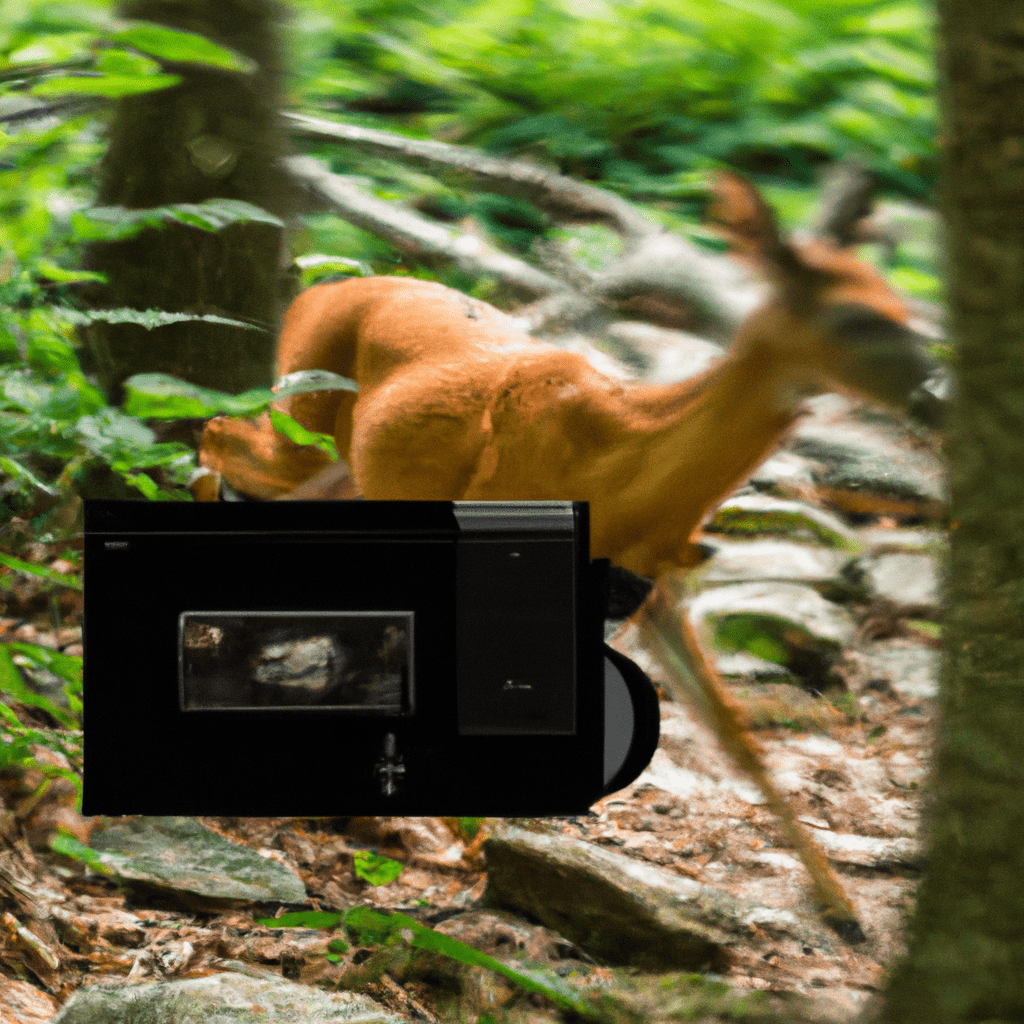A photo of a hidden camera in the forest capturing a close-up image of a deer in motion.