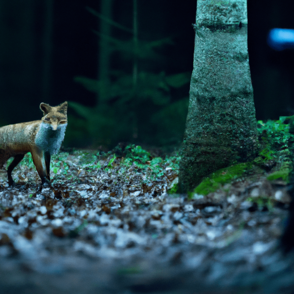 [Photo: A hidden wildlife camera captures a curious fox in the dark forest.]. Sigma 85 mm f/1.4. No text.