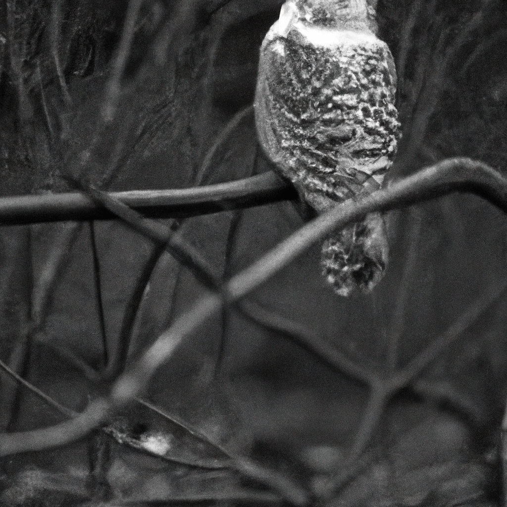 [Black and white photo of a snowy owl perched on a tree branch, captured by a hidden camera]. Sigma 85 mm f/1.4. No text.