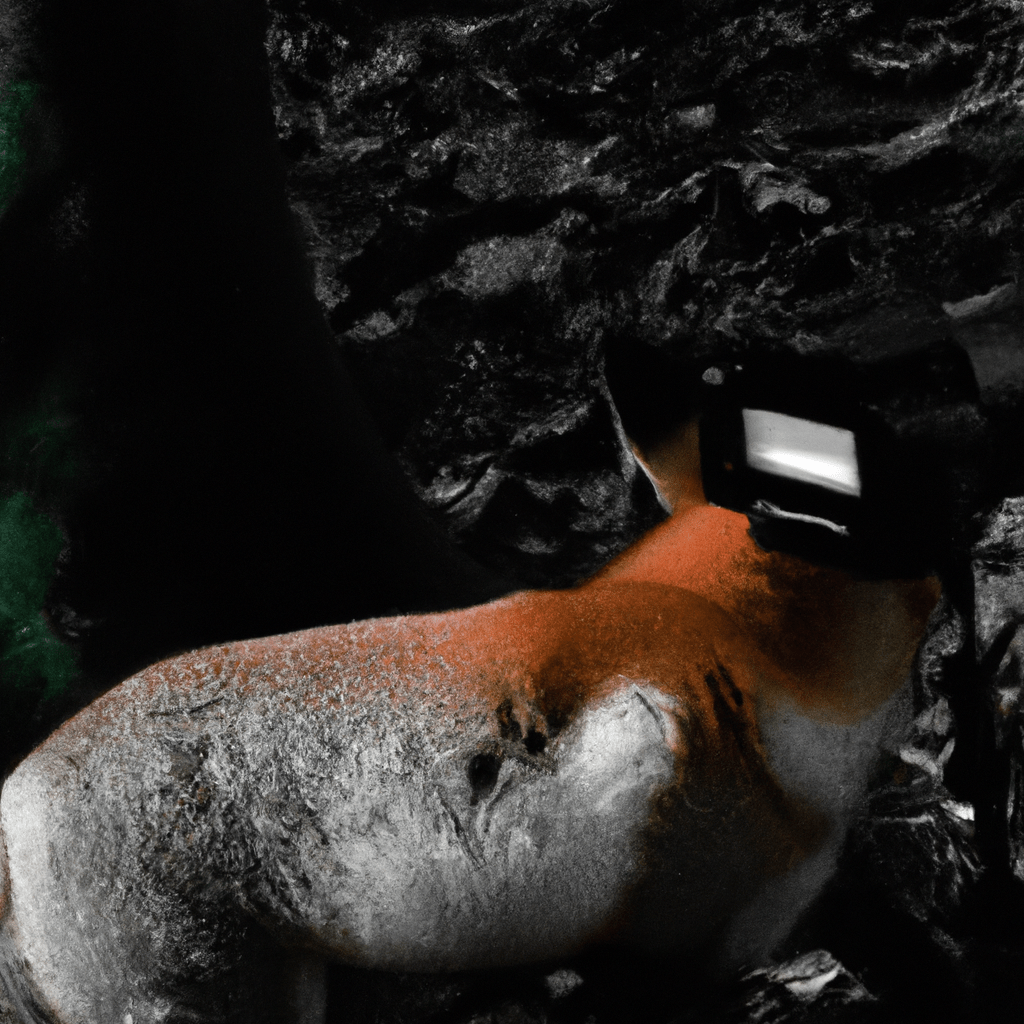 A photo of a high-quality camera capturing a close-up image of a fox in the dark forest, highlighting the importance of infrared illumination in wildlife monitoring.