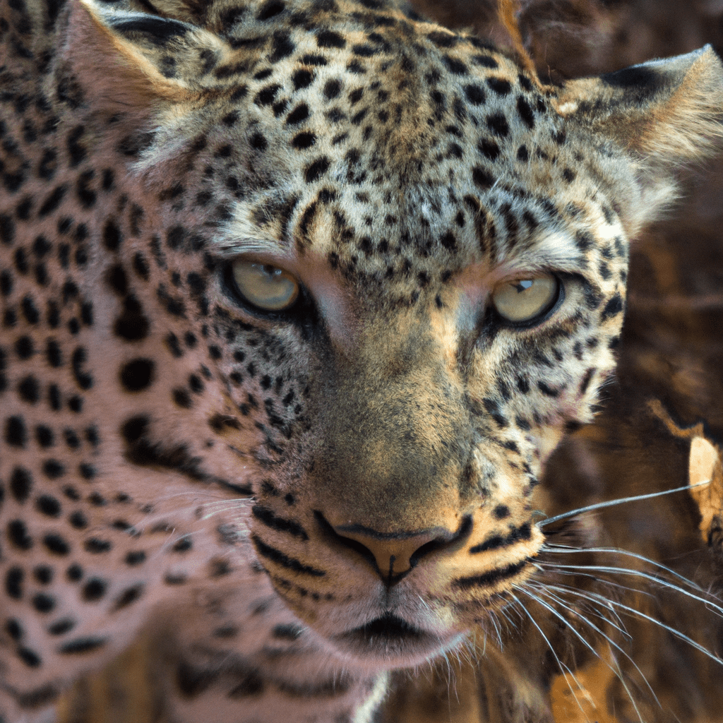 [A close-up photo of a curious leopard caught by a camera trap in its natural habitat.]. Sigma 85 mm f/1.4. No text.