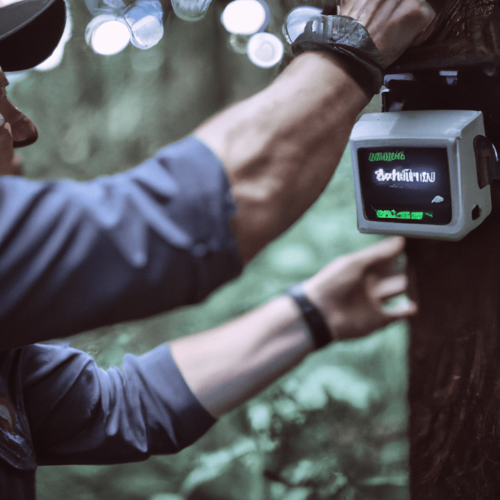 TEXT: A photo capturing a wildlife biologist carefully installing a motion-activated camera in a remote forest, showcasing the ethical and legal aspects of using camera traps in species conservation efforts. Canon EOS 5D Mark IV. No text.. Sigma 85 mm f/1.4. No text.