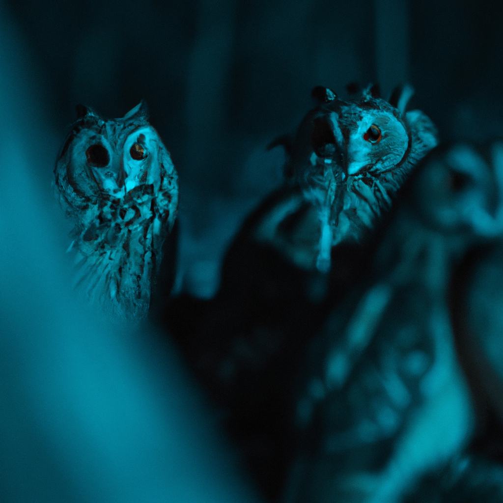A photo capturing the elusive world of owls at night, taken by a hidden camera.. Sigma 85 mm f/1.4. No text.