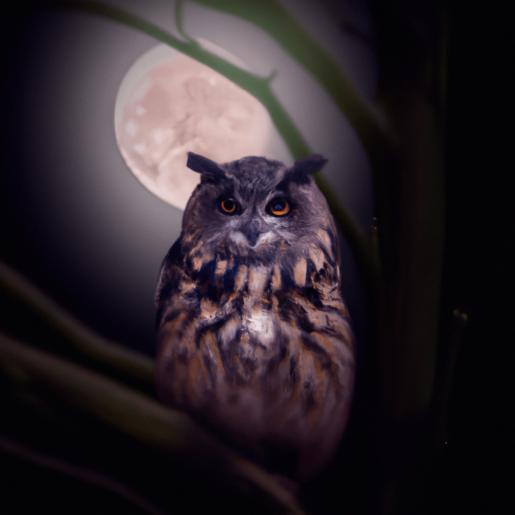 2 - A captivating photo of a majestic owl perched on a branch, its piercing eyes glistening in the moonlight. Sigma 85 mm f/1.4. No text.. Sigma 85 mm f/1.4. No text.