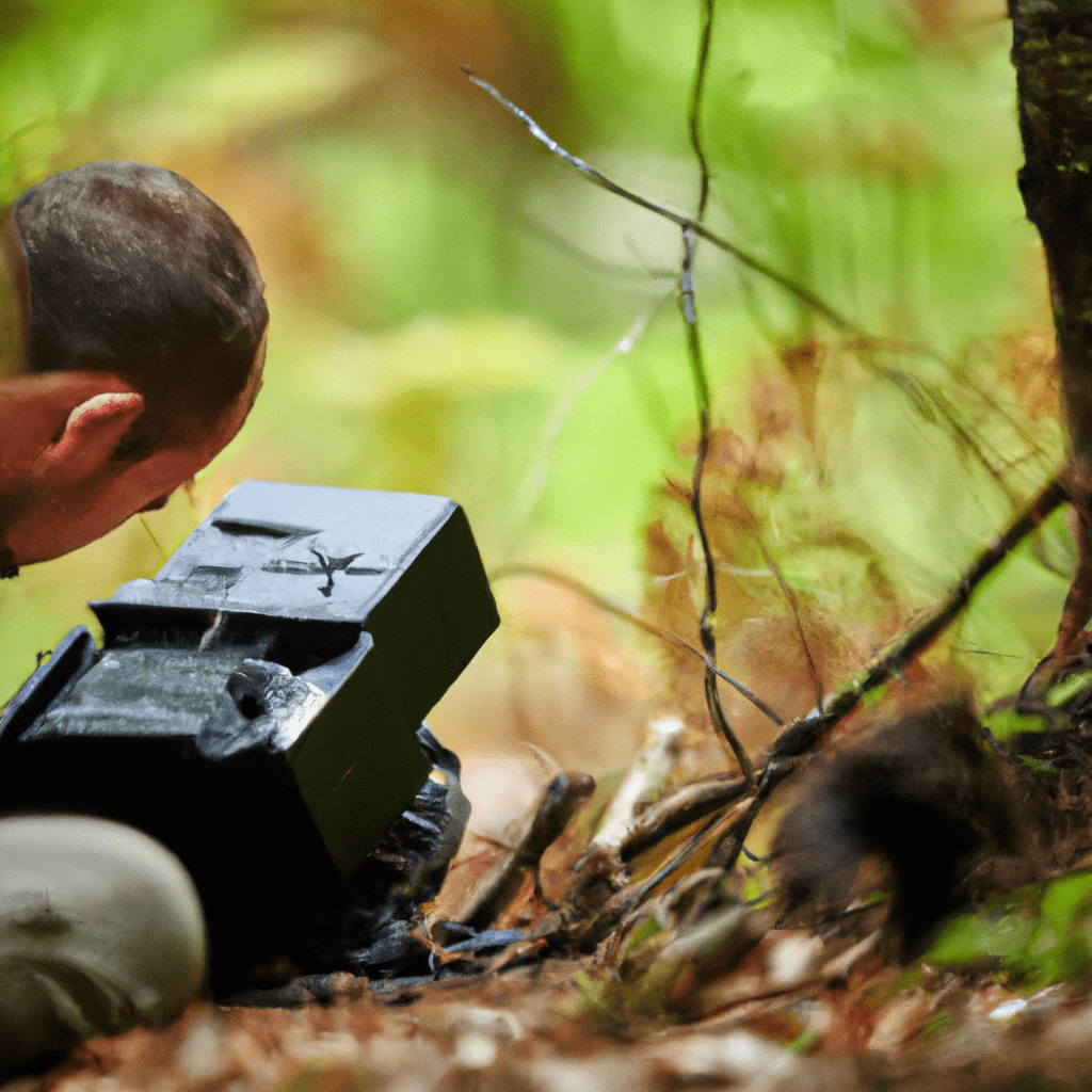 A wildlife researcher examining camera trap footage to study animal behavior and their interactions with the environment.. Sigma 85 mm f/1.4. No text.
