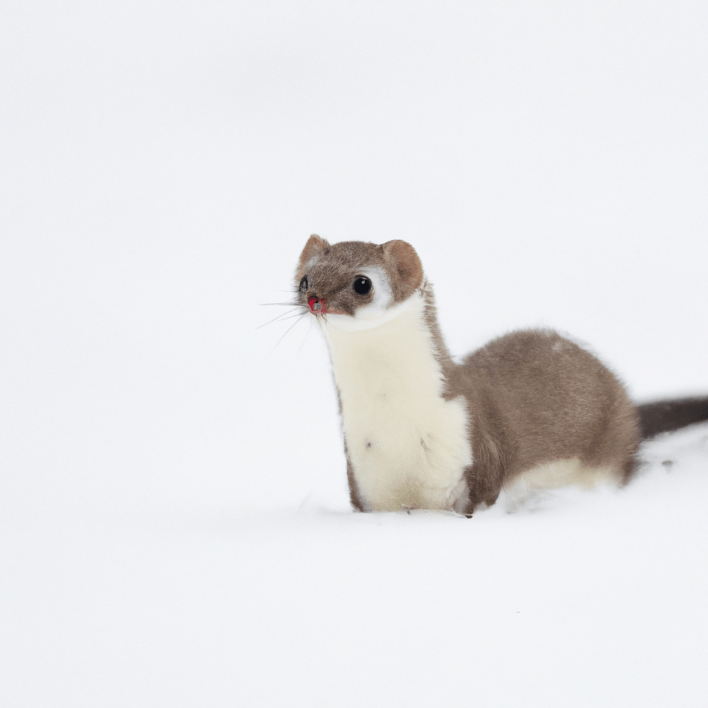 [Photo: A stoat in winter coat, blending into the snowy landscape]. Sigma 85 mm f/1.4. No text.