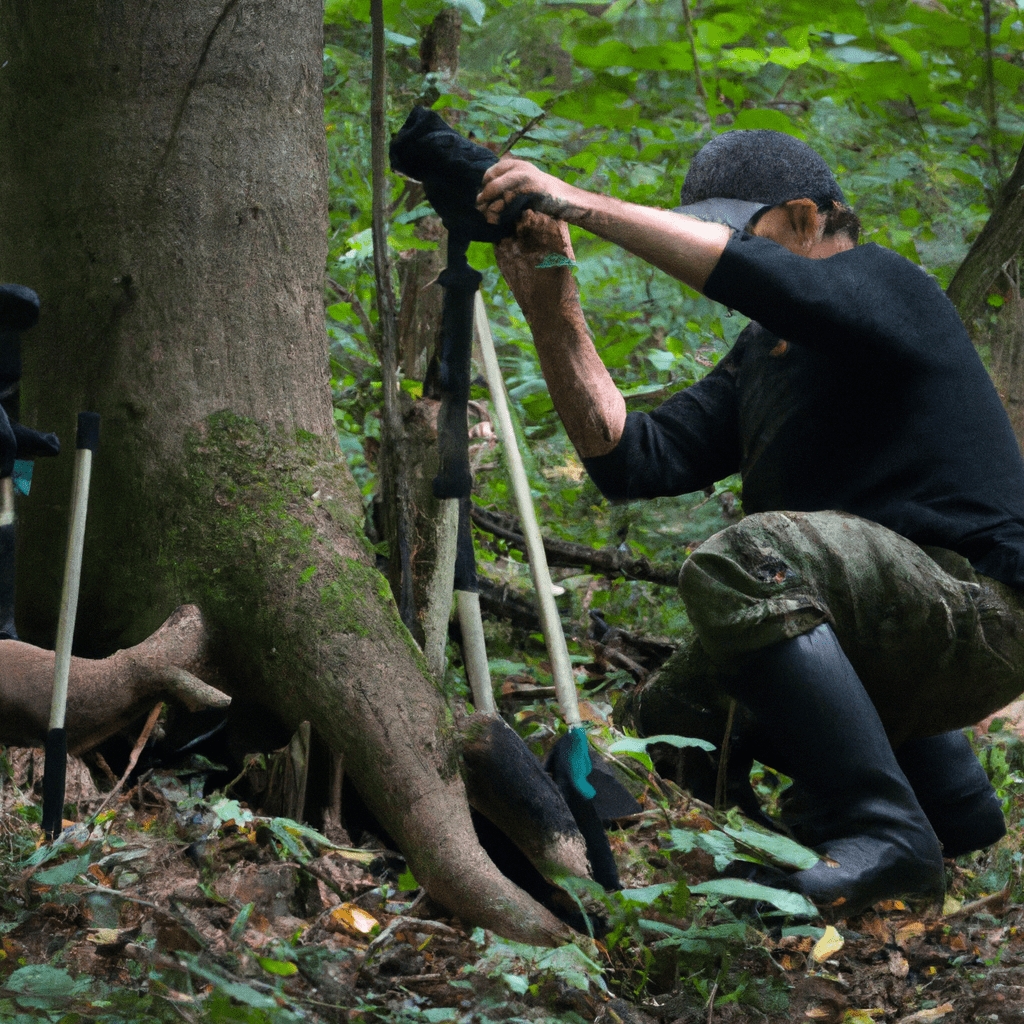 2 - [Image: A photographer sets up a camera trap in a dense forest, carefully selecting the perfect spot to capture underground life of badgers.]. Sigma 85 mm f/1.4. No text.. Sigma 85 mm f/1.4. No text.