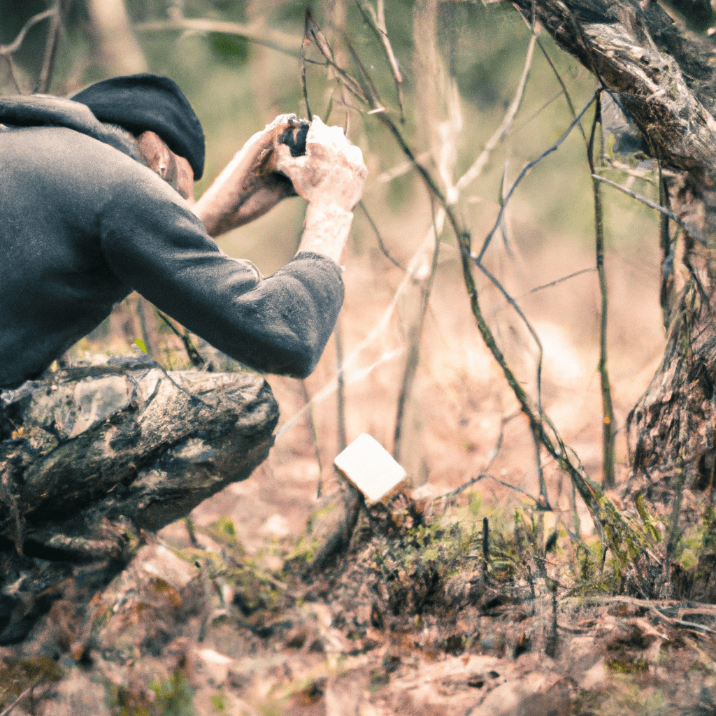 [Man setting up a wildlife camera trap in a forest]. Sigma 85 mm f/1.4. No text.