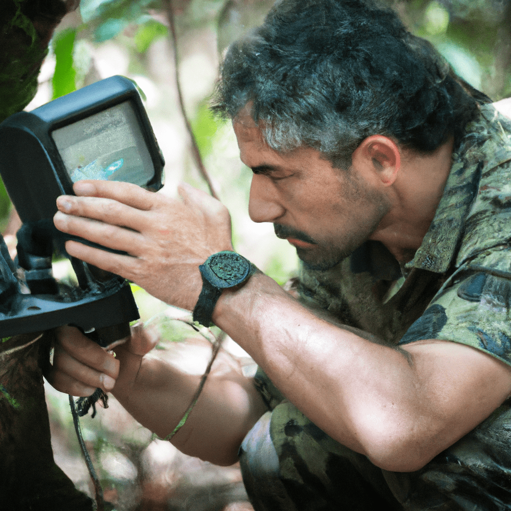 A photo showcasing a wildlife researcher carefully analyzing the data collected from a motion-activated camera, highlighting the future potential of camera traps in species conservation. Canon EOS 5D Mark IV. No text. Sigma 85 mm f/1.4. No text.. Sigma 85 mm f/1.4. No text.