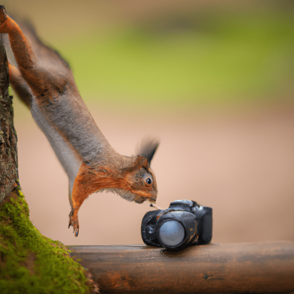 A photo of a mini trail camera capturing a stunning image of a squirrel in its natural habitat. [Nature's adorable acrobat in action!] Sigma 85 mm f/1.4. No text.. Sigma 85 mm f/1.4. No text.