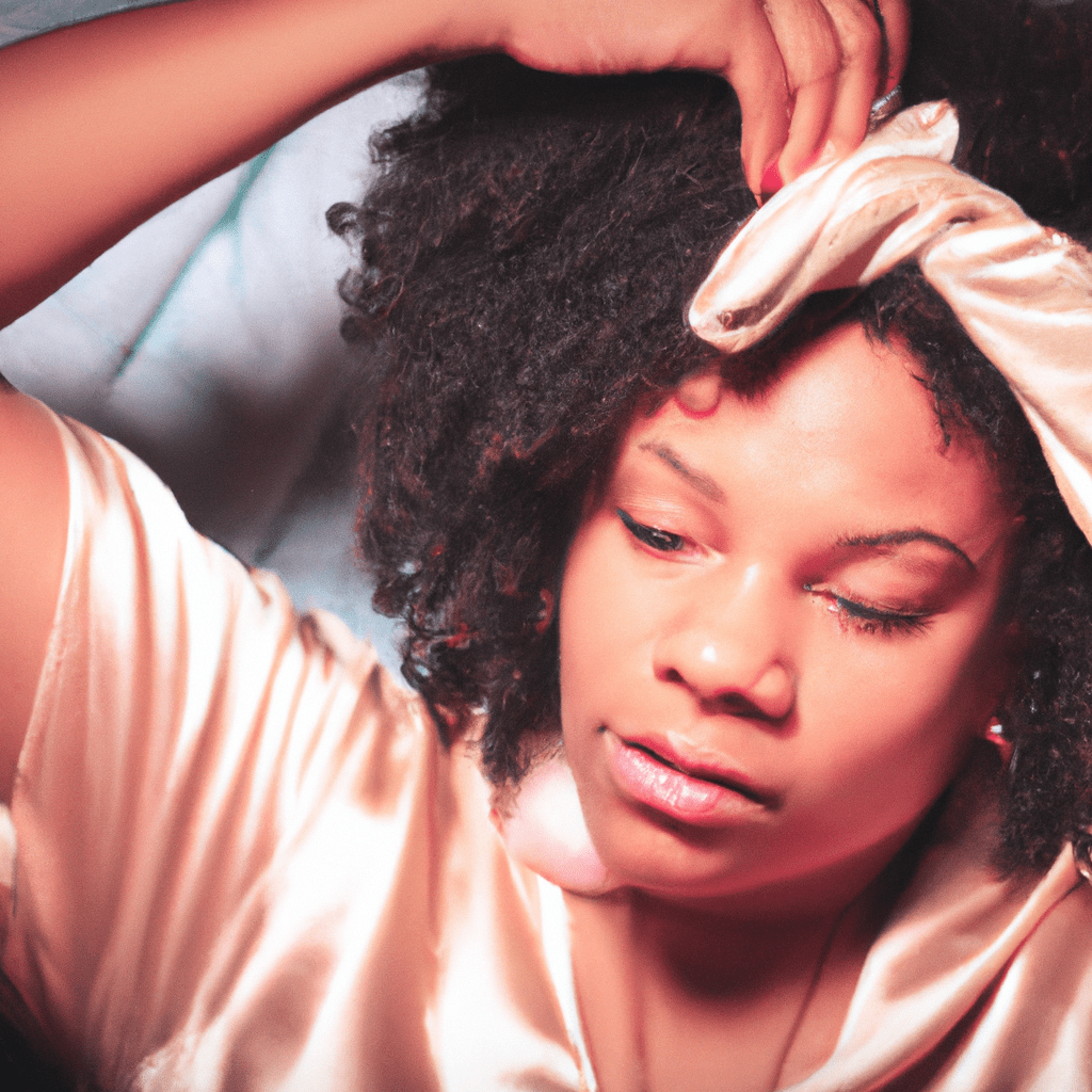 A photo of a woman gently wrapping her mini afro hair in a satin scarf before bed, promoting healthy and protected curls. Sigma 85 mm f/1.4. No text.. Sigma 85 mm f/1.4. No text.