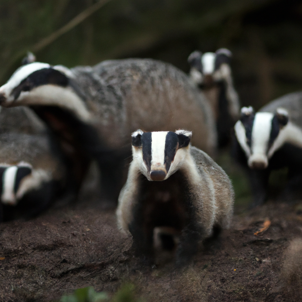 2 - A photo of a badger family gathered together in their forest habitat. The dominant leader of the clan stands tall as other badgers scurry about. Taken with the Sigma 85 mm f/1.4 lens. No text.. Sigma 85 mm f/1.4. No text.