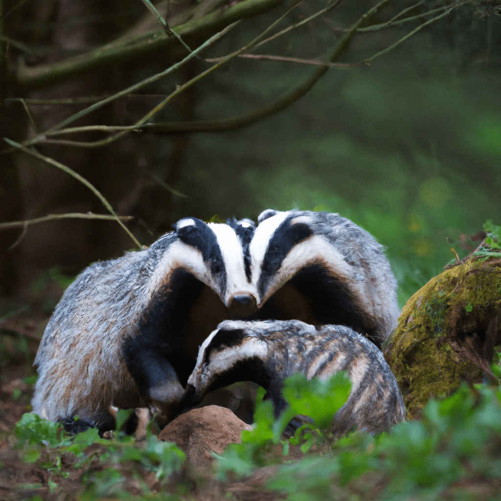 A photo capturing the heartwarming scene of a badger family enjoying quality time together in their natural forest habitat. Sigma 85mm f/1.4 lens adds depth to the image.. Sigma 85 mm f/1.4. No text.