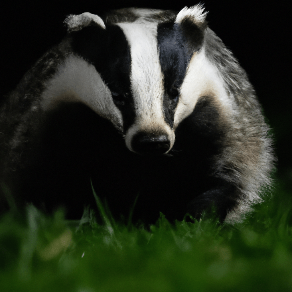 A photo of a badger foraging for food in its natural habitat at night.. Sigma 85 mm f/1.4. No text.