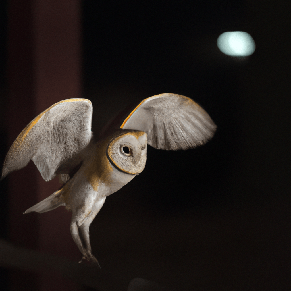 [A photo of a barn owl hunting at night, using its sharp vision and excellent hearing to locate and catch its prey.]. Sigma 85 mm f/1.4. No text.