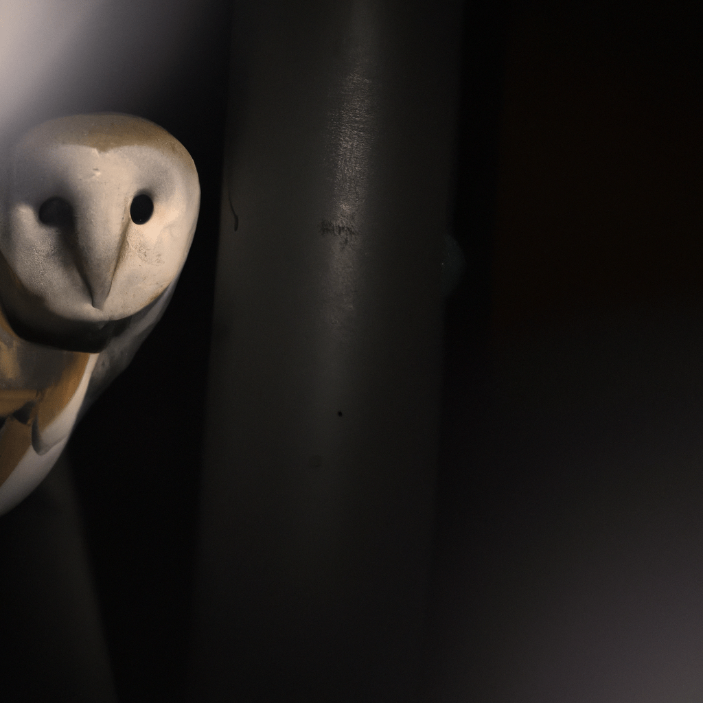 PHOTO: A close-up shot of a barn owl hunting in the night, captured by a hidden surveillance camera.. Sigma 85 mm f/1.4. No text.