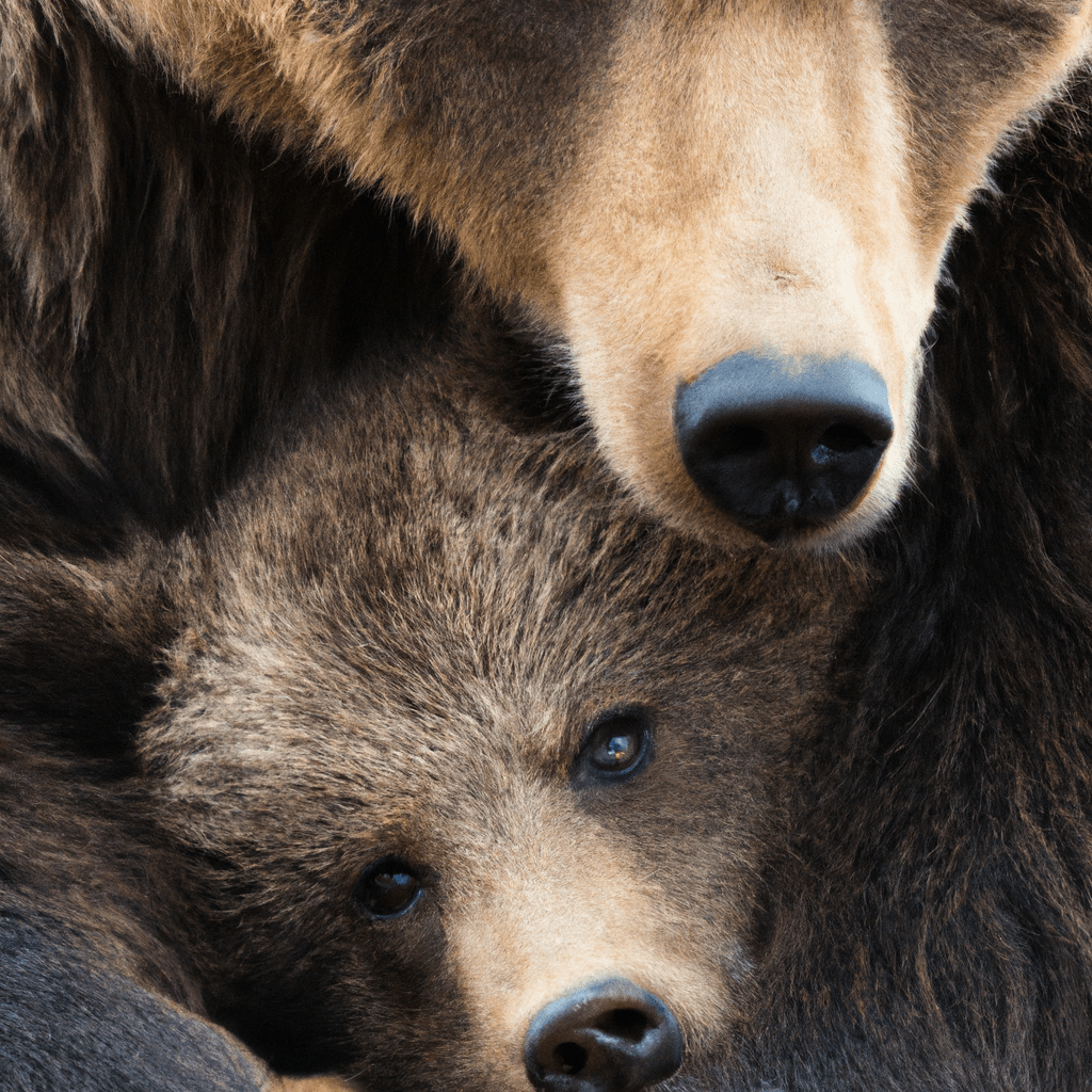 A heartwarming photo of a bear cub snuggled up next to its protective mother, symbolizing the love and bond between these incredible creatures. Sigma 85 mm f/1.4. No text.. Sigma 85 mm f/1.4. No text.