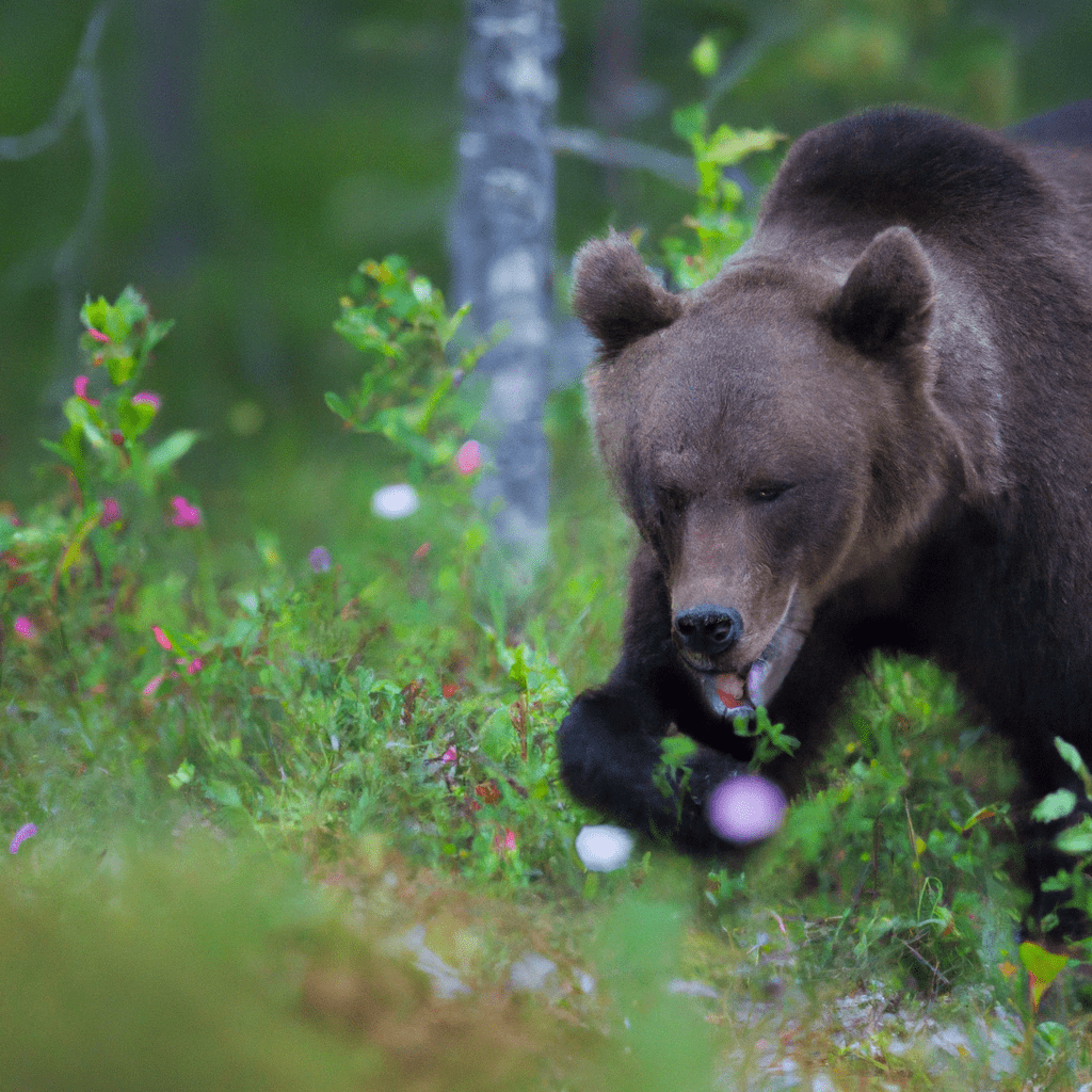 A photo of a bear in its natural habitat captured by a wildlife trail camera. Canon 200 mm f/2.8 lens. No text.. Sigma 85 mm f/1.4. No text.