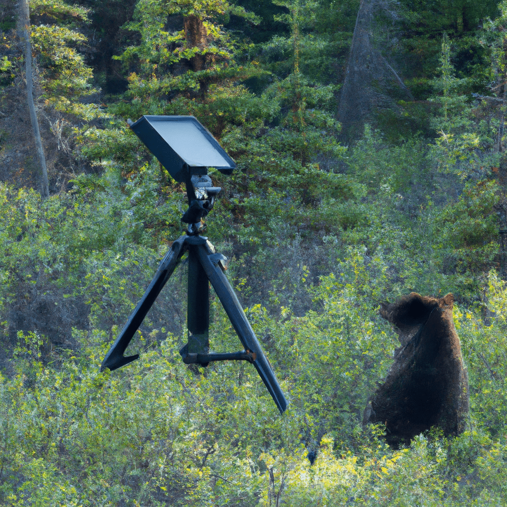 A camera trap capturing an image of a bear in its natural habitat, providing vital data on the impact of human activity on bear populations. Nikon 200-500mm f/5.6 lens. No text.. Sigma 85 mm f/1.4. No text.
