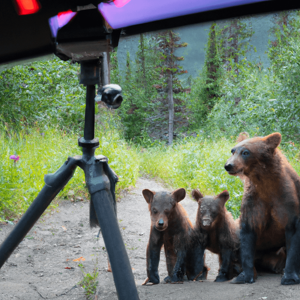 A photo of a bear family captured by a hidden wildlife camera, showcasing the use of camera traps in bear conservation efforts. Sigma 85 mm f/1.4. No text.. Sigma 85 mm f/1.4. No text.
