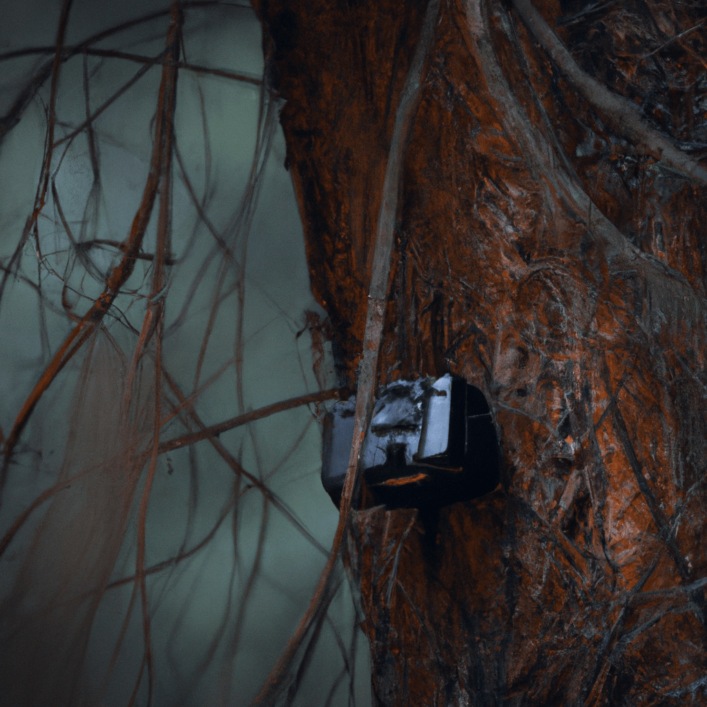 A photo of a wildlife camera hidden in a dense forest, capturing a rare glimpse of a bear in its natural habitat. Sigma 85mm f/1.4. No text.. Sigma 85 mm f/1.4. No text.