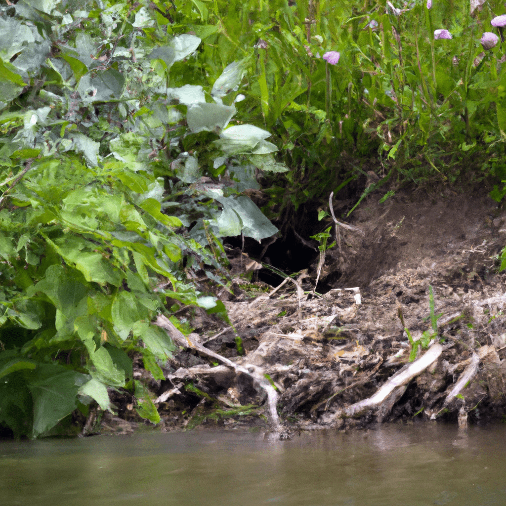 2 - A close-up photo of a beaver dam surrounded by lush green vegetation. Canon 70-200 mm f/2.8. Wildlife harmoniously coexisting.. Sigma 85 mm f/1.4. No text.