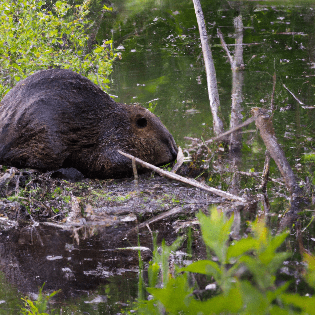 [Photo: A beaver constructing a dam in a lush wetland, creating a haven for various species and contributing to a thriving ecosystem.]. Sigma 85 mm f/1.4. No text.
