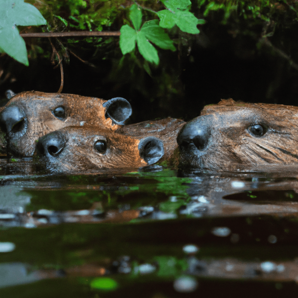 [Image: A close-up of a beaver family swimming in a peaceful river, captured by a wildlife camera trap]. Witness the beauty and togetherness of beavers in their natural habitat. Nikon 70-200 mm f/2.8. No text.. Sigma 85 mm f/1.4. No text.