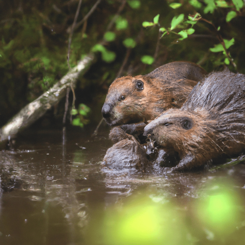 [CAMERA] A hidden camera captures a close-up of a beaver family in their natural habitat.. Sigma 85 mm f/1.4. No text.
