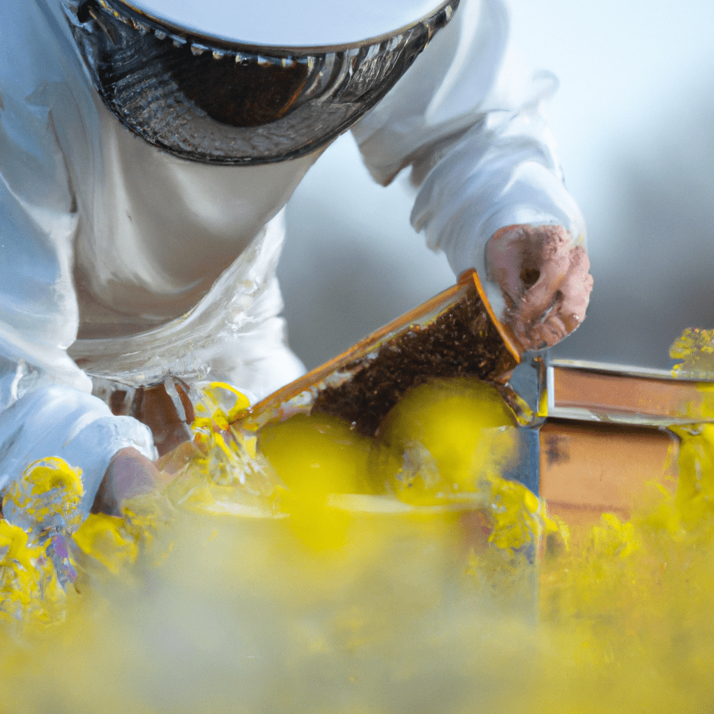 [Image: A close-up photo of a beekeeper inspecting a beehive in a blooming field.]. Sigma 85 mm f/1.4. No text.