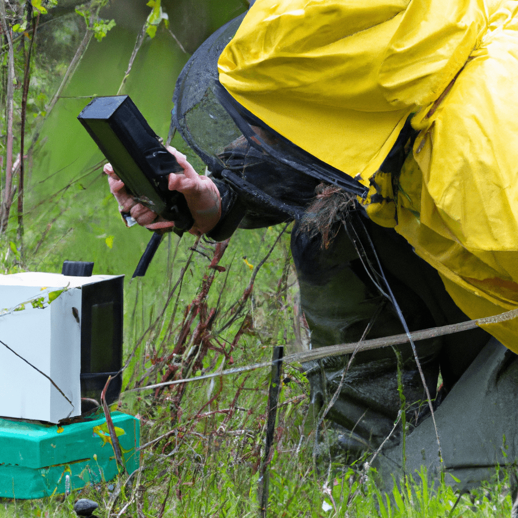 A photo of a beekeeper using a radio telemetry device to study the communication and behavior of long-tailed bee colonies in extreme conditions.. Sigma 85 mm f/1.4. No text.
