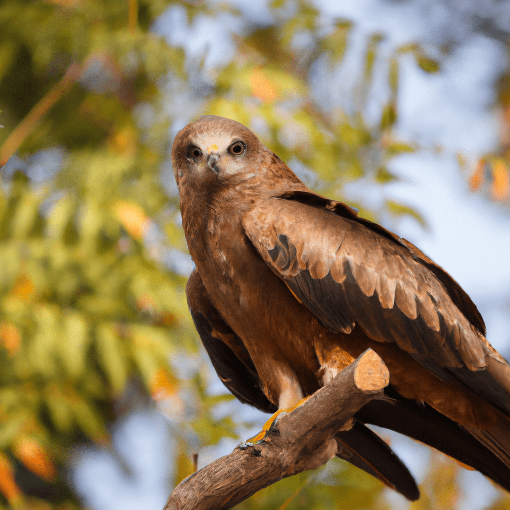 A close-up photo of a black kite perched on a tree branch, symbolizing the success of the National Black Kite Protection Program.. Sigma 85 mm f/1.4. No text.