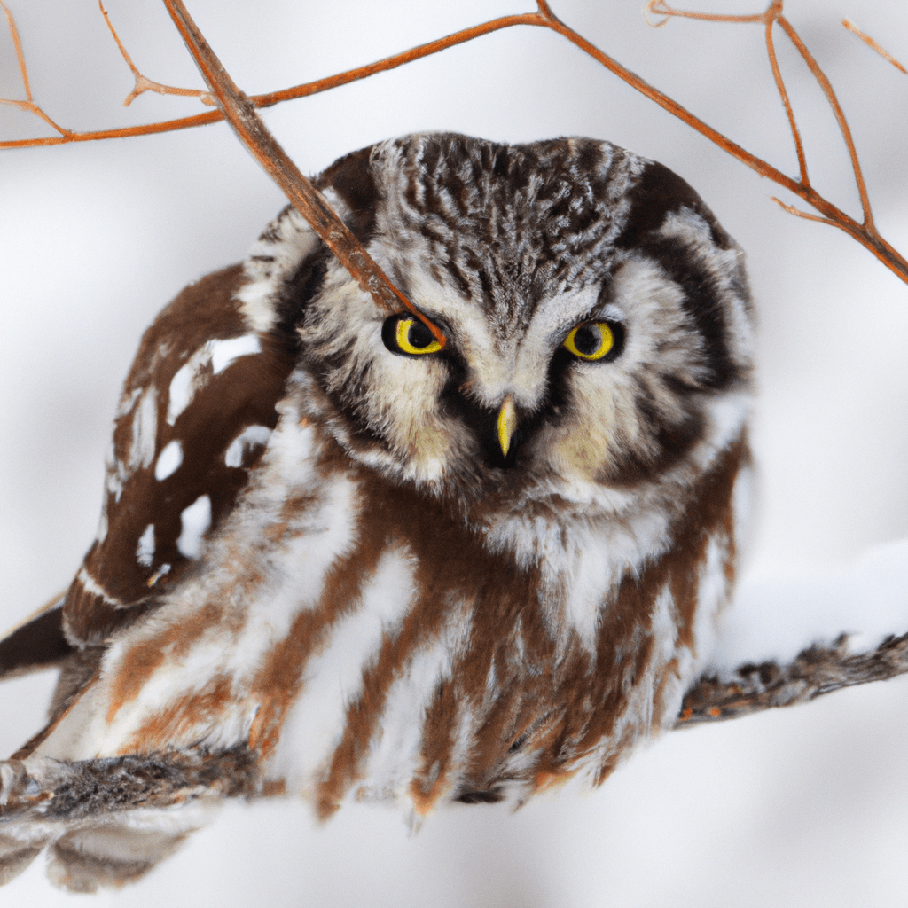 A close-up of a boreal owl perched on a snowy branch, showcasing its stunning camouflage and intense gaze. Canon 70-200 mm f/2.8. No text.. Sigma 85 mm f/1.4. No text.