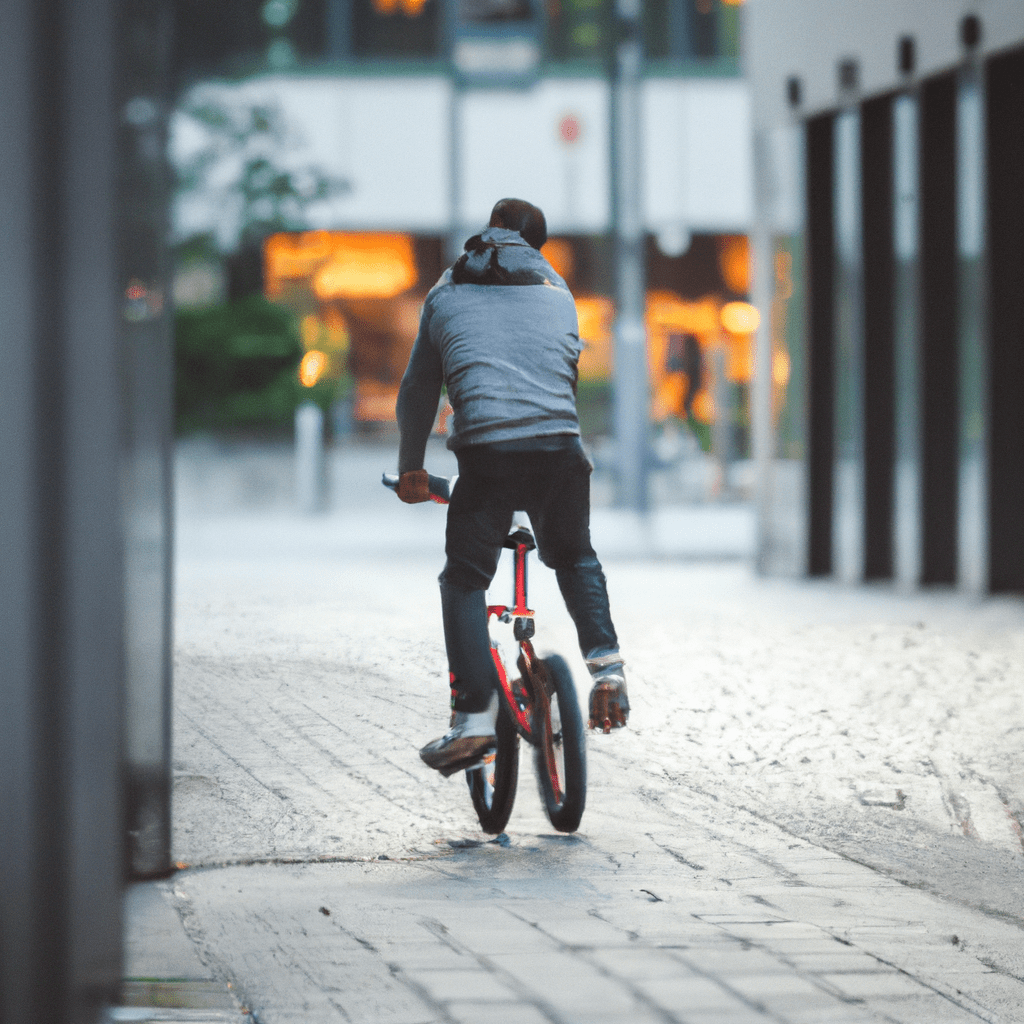 PHOTO: A brave rider exploring the city on a tiny bicycle, blending in with the urban environment.. Sigma 85 mm f/1.4. No text.