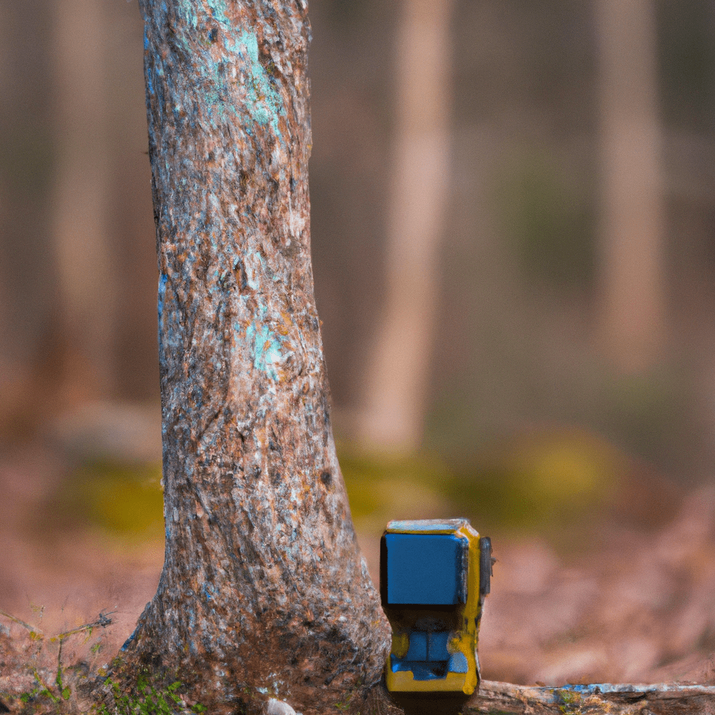 A photo of a Bresser trail camera set up in a wooded area, capturing wildlife in its natural habitat.. Sigma 85 mm f/1.4. No text.