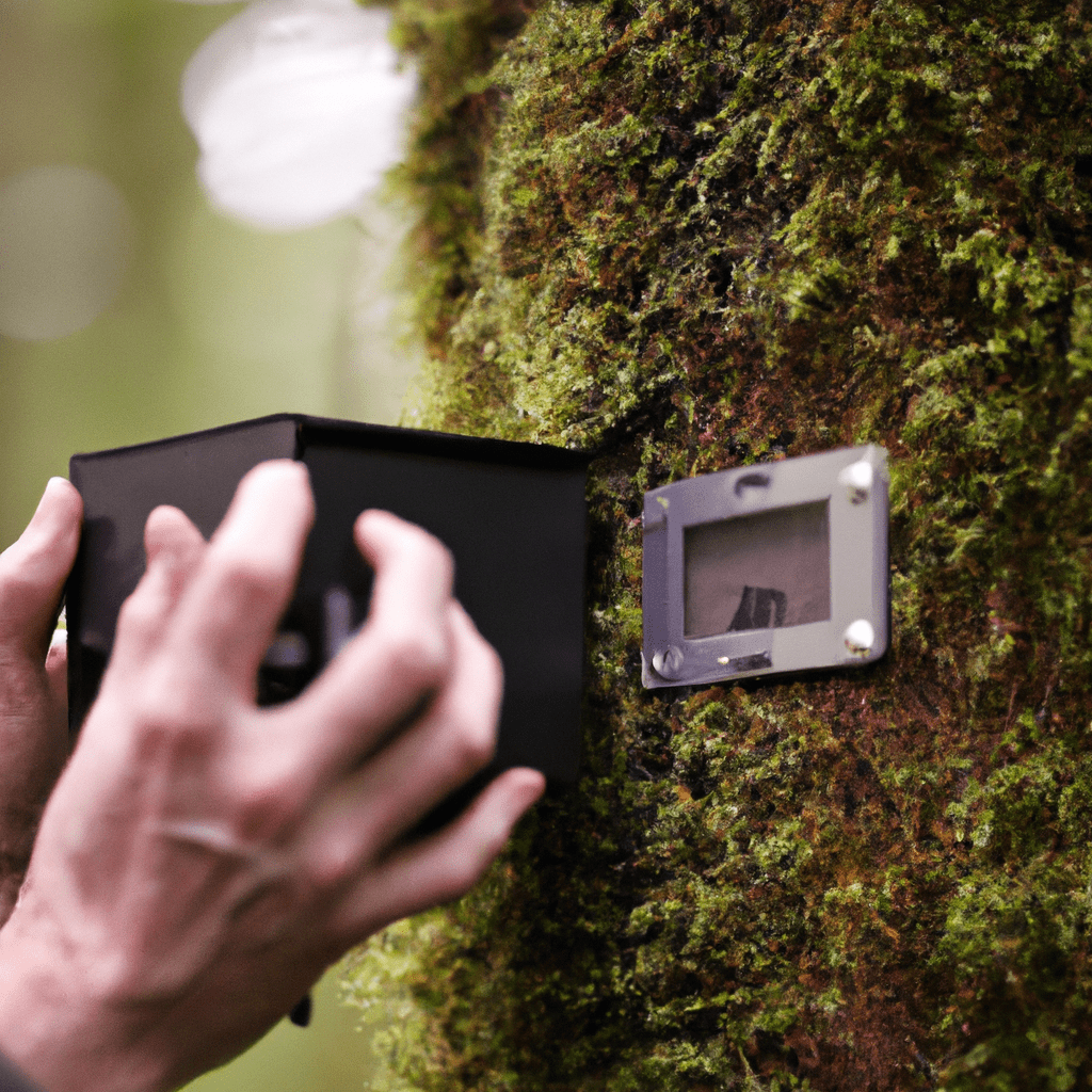 3 - [A photo of a man setting up a budget-friendly trail camera, capturing wildlife moments in a dense forest.]. Canon 24mm f/2.8. No text.. Sigma 85 mm f/1.4. No text.