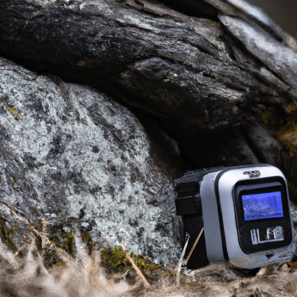 A photo of a Bunaty Mini trail camera in a rugged outdoor setting, showcasing its impressive weather resistance. Sigma 85 mm f/1.4. No text.. Sigma 85 mm f/1.4. No text.