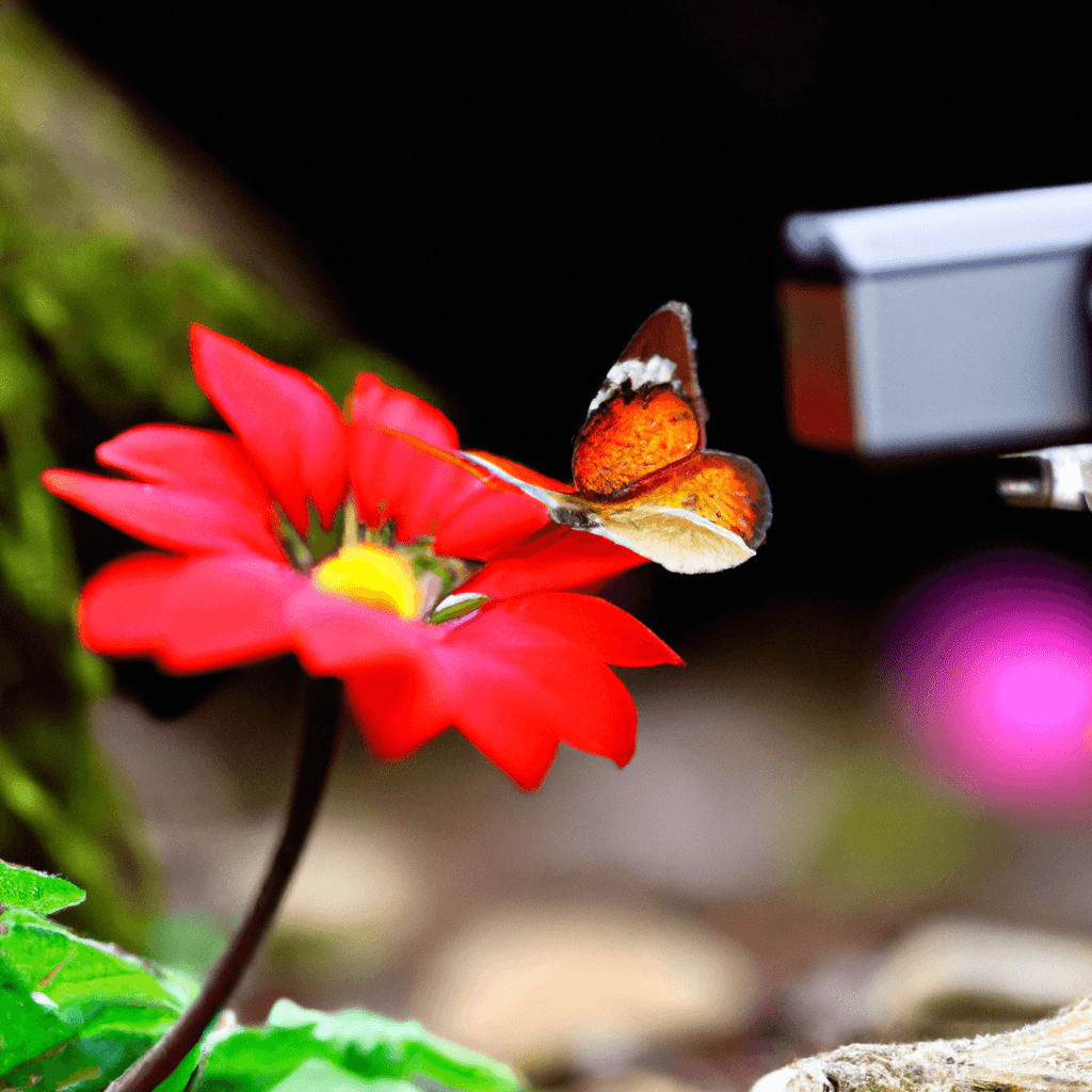 3 - [PHOTO DESCRIPTION]: A fascinating photo captured by a camera trap showcasing the symbiotic relationship between a butterfly and a beautiful flower, highlighting the importance of preserving and protecting ecosystems. Sigma 85 mm f/1.4. No text.. Sigma 85 mm f/1.4. No text.