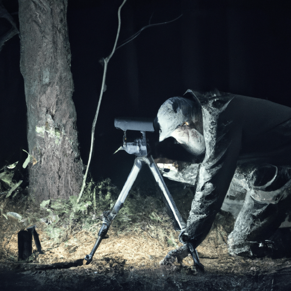 [Man adjusting camera trap in a forest at night]. Sigma 85 mm f/1.4. No text.