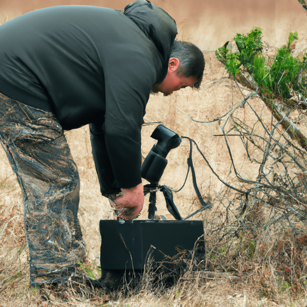 3 - A photo of a hunter carefully preparing and testing a camera trap before setting it up in the wilderness. Nikon 70-300 mm lens. No text.. Sigma 85 mm f/1.4. No text.