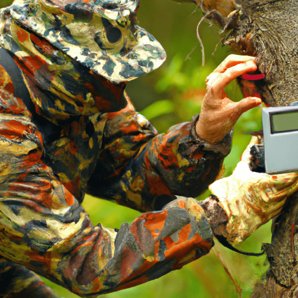 4 - [A researcher in a camouflage suit skillfully sets up a trail camera in a natural environment]. Sigma 85 mm f/1.4. No text.. Sigma 85 mm f/1.4. No text.