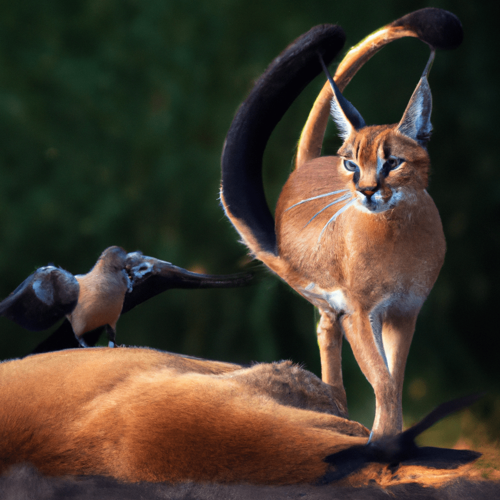 A captivating photo captures the interaction between a caracal and a group of birds, revealing the delicate balance of nature. Nikon 200 mm f/2.8. No text.. Sigma 85 mm f/1.4. No text.